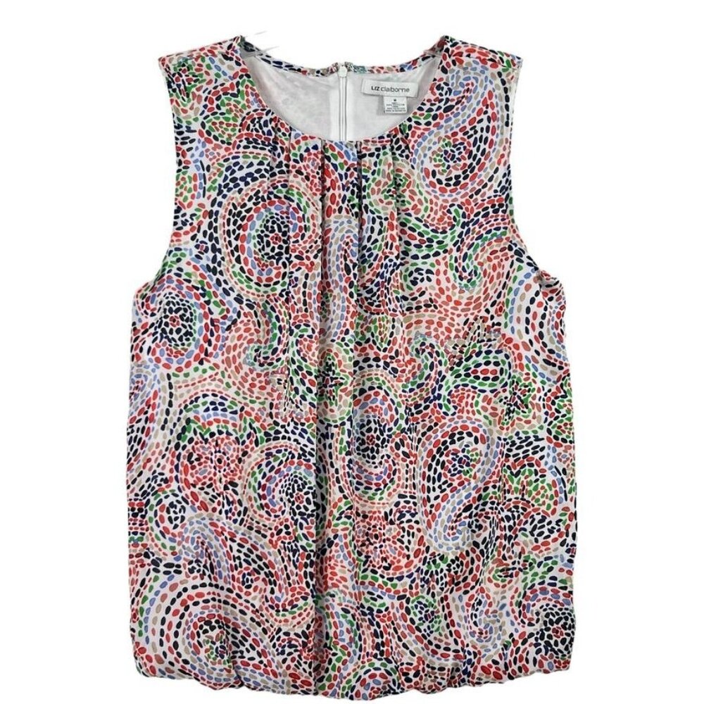 Liz Claiborne Women's Sleeveless Top M Polyester Multicolor Dot Swirl Zipper